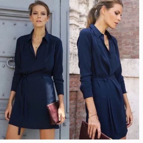 Cuyana Dresses & Skirts - Cuyana Sz XS Gathered Silk Shirt Dress Long Sleeve Navy Blue with Belt